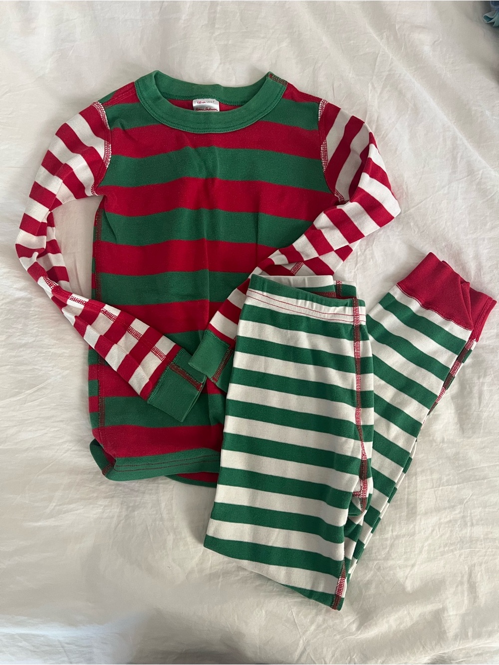 Hanna Anderson Kids Red & Green Holiday Stripe Pajama Set, sz 6-7